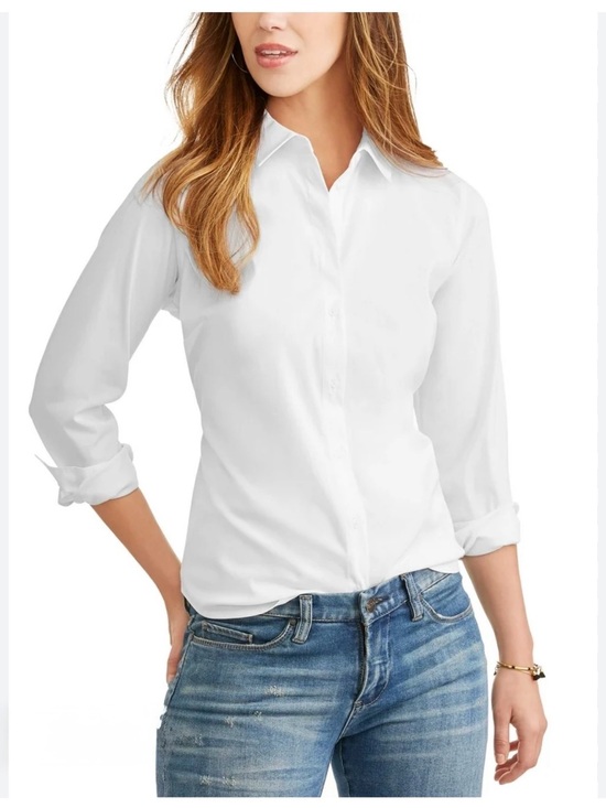 Time and Tru Tops - Time and Tru Women’s White Wrinkle Free Button Down Shirt size Medium 8/10)